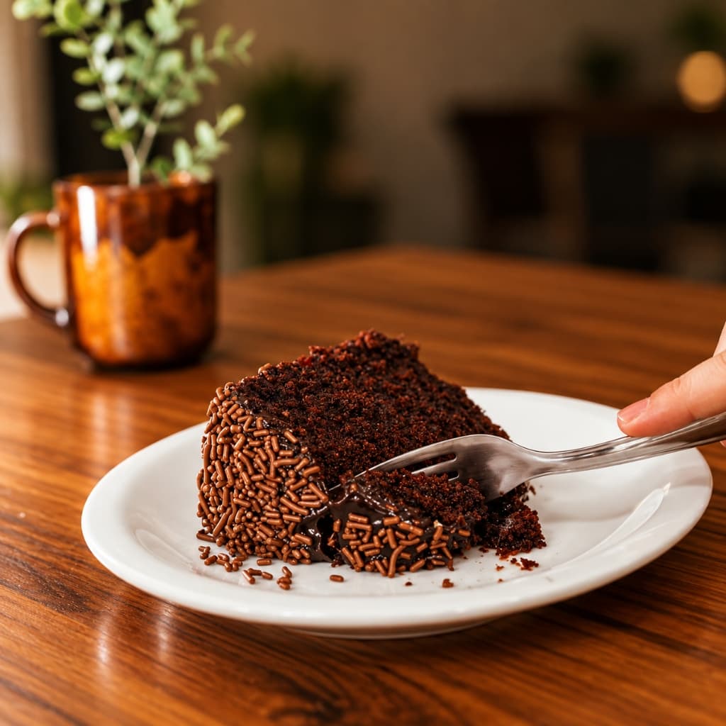 Fatia generosa de bolo de brigadeiro com granulado crocante
