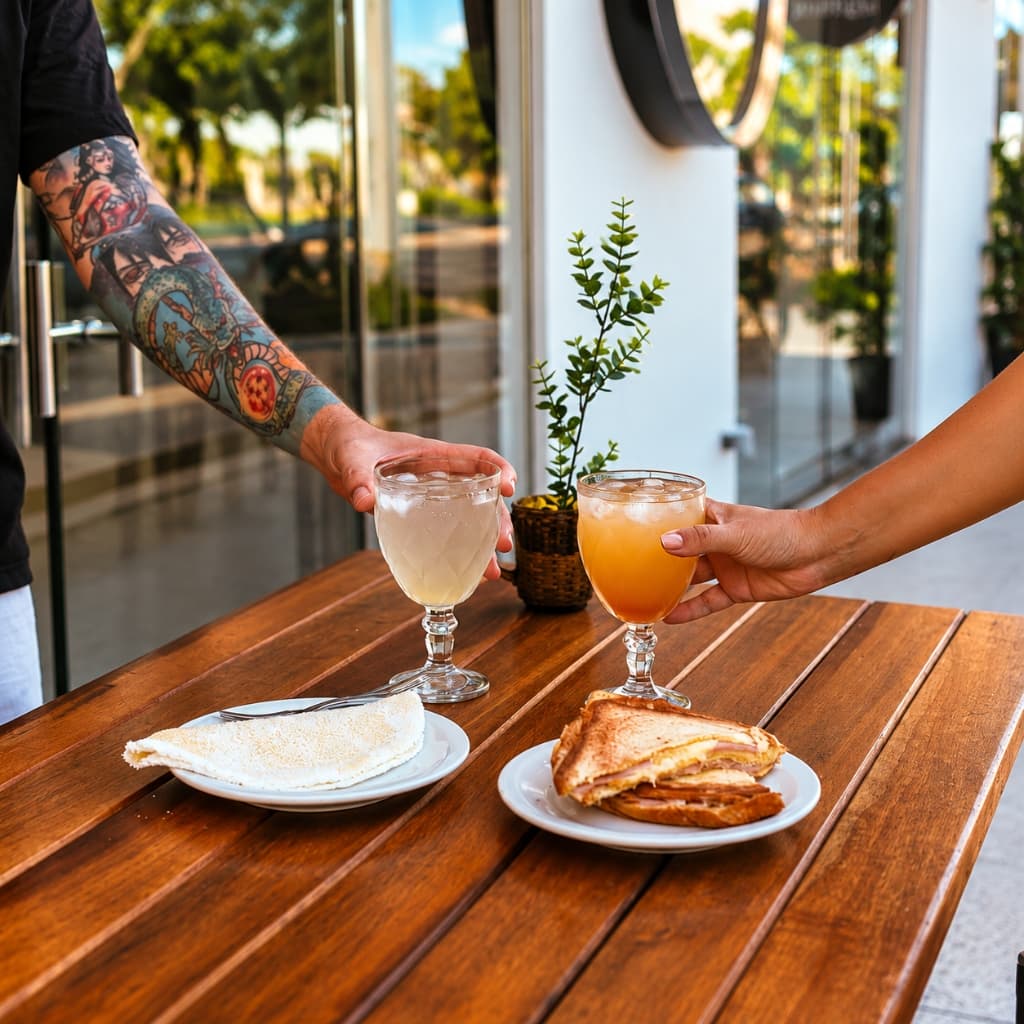 Brinde com sucos refrescantes, tapioca e lanches artesanais