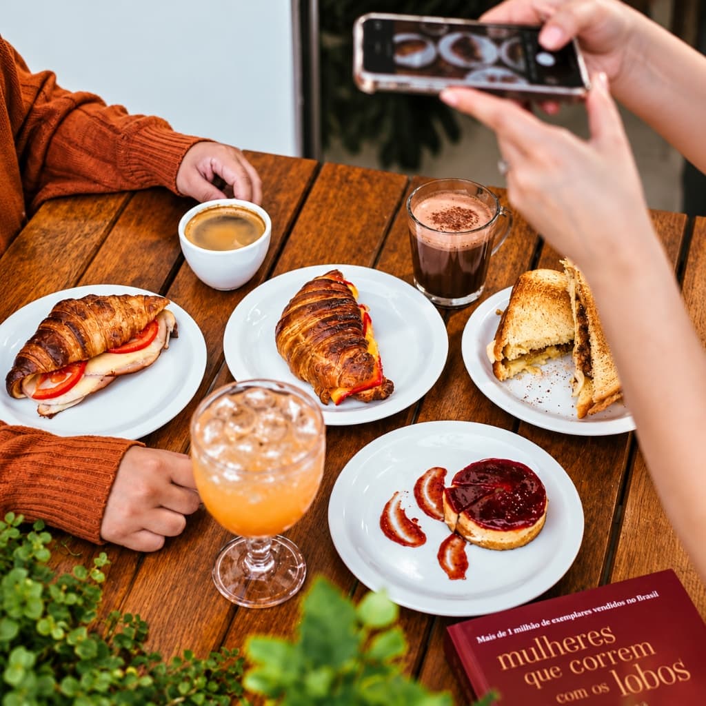 Mesa de café com croissants, cafés especiais, sobremesa e leitura
